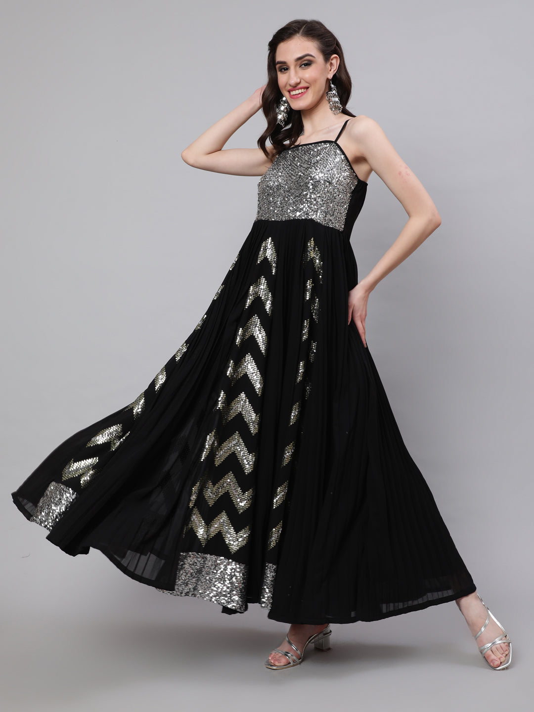 Black Sequin Pleated Maxi Dress