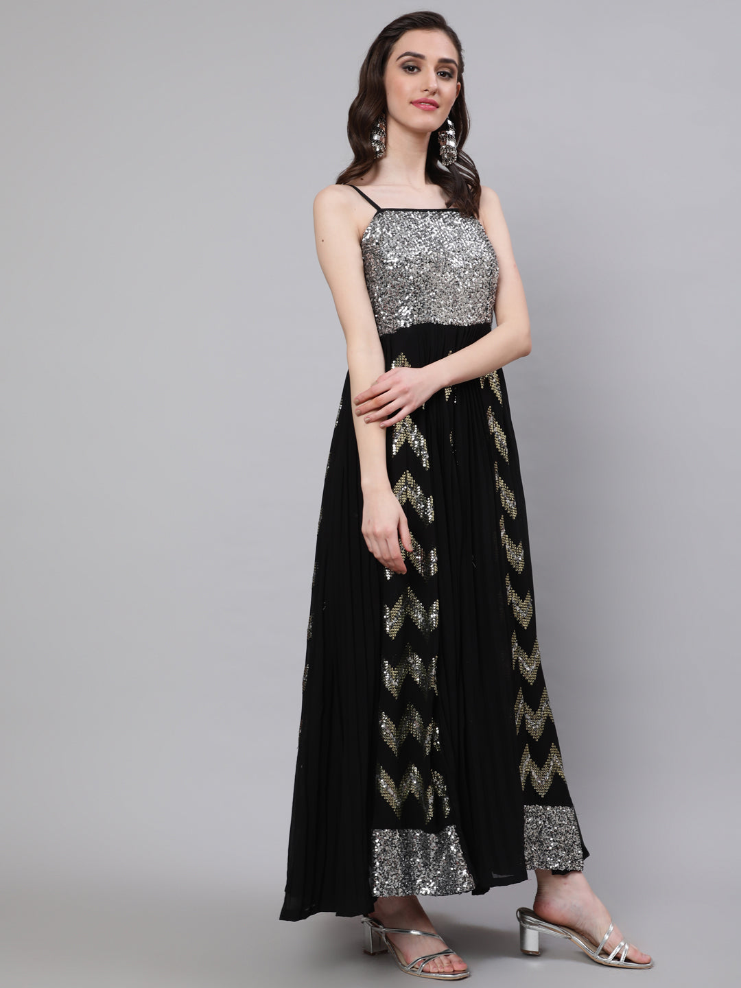 Black Sequin Pleated Maxi Dress