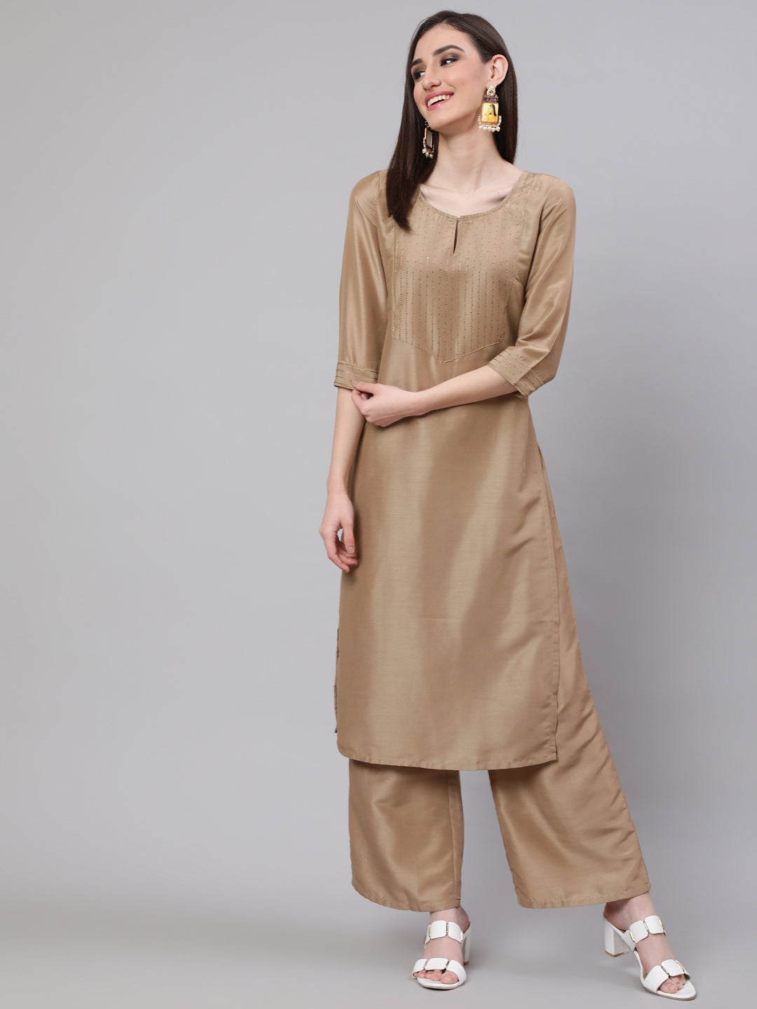 Beige Yoke Sequin Straight Kurta