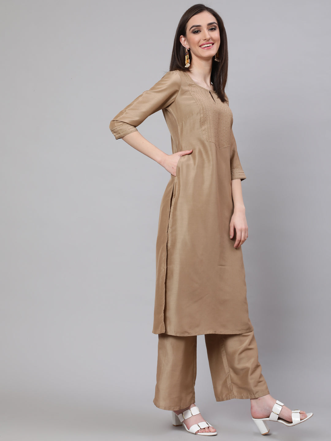 Beige Yoke Sequin Straight Kurta