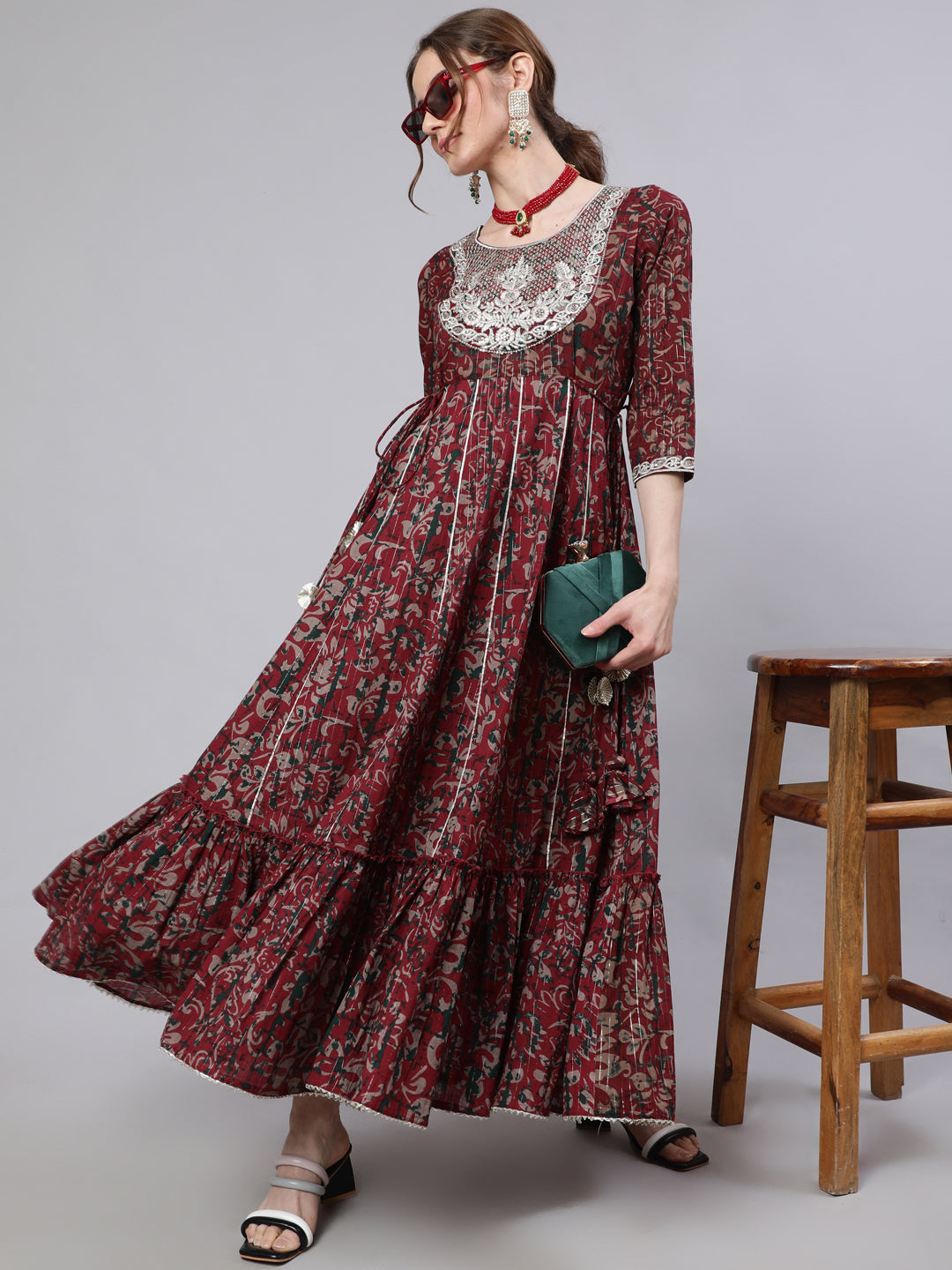 Maroon Floral Print Maxi Dress