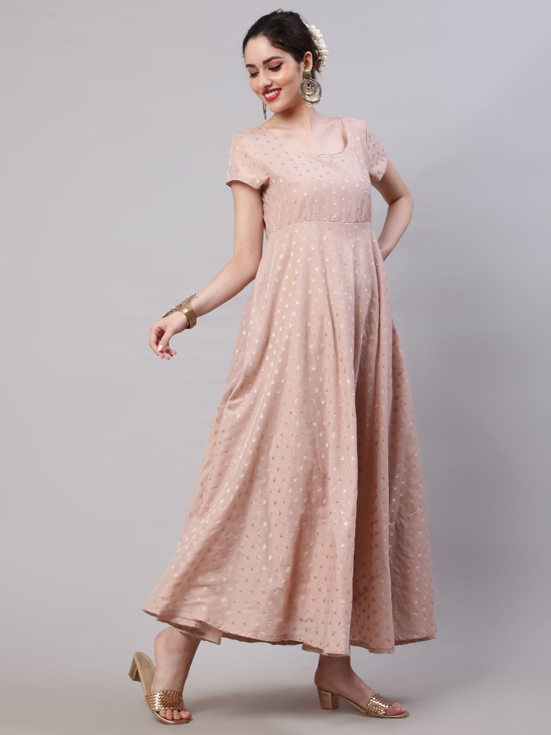 Peach Dobby Designed Maxi Dress With Brocade Dupatta