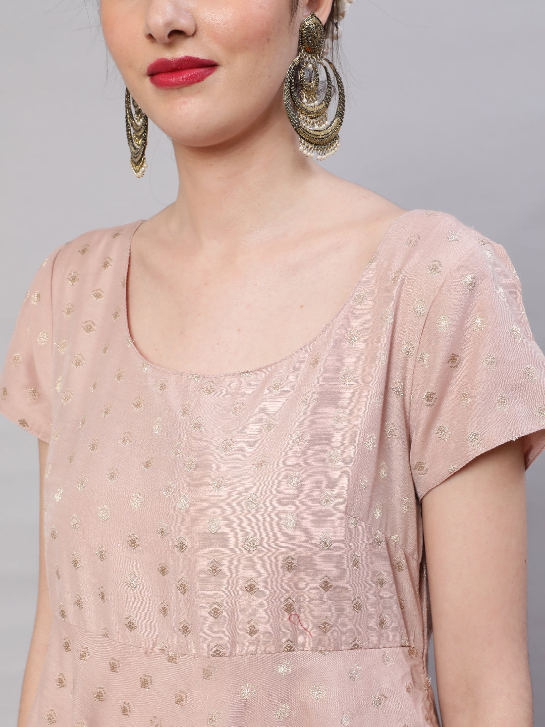 Peach Dobby Designed Maxi Dress With Brocade Dupatta