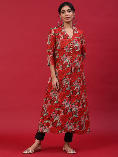 Red Floral Print A-Line Kurta