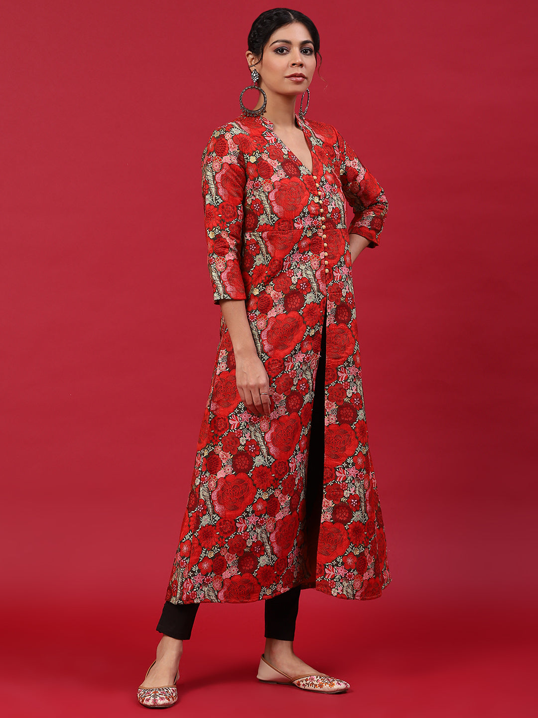 Red Floral Print A-Line Kurta