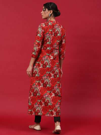 Red Floral Print A-Line Kurta