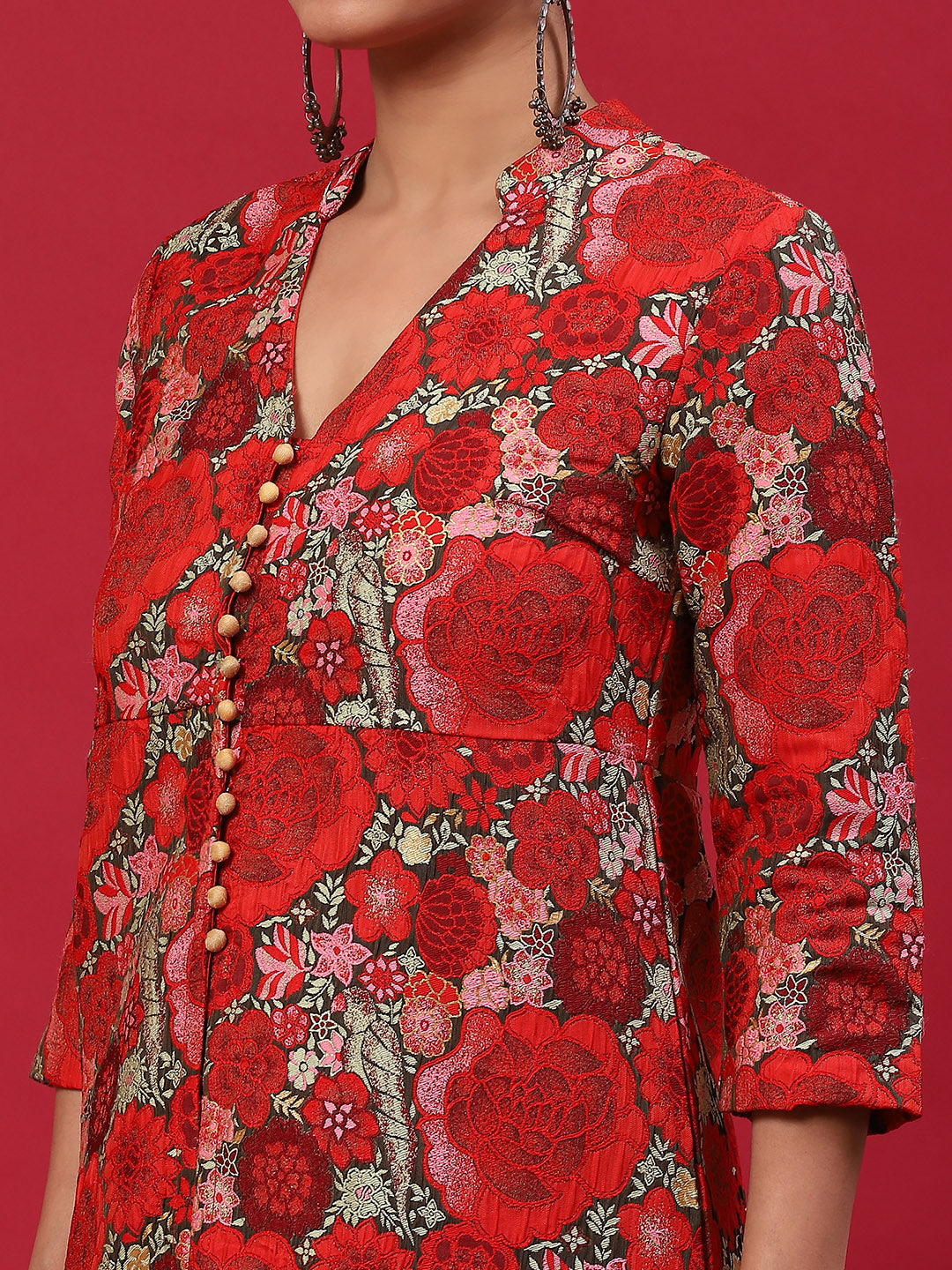 Red Floral Print A-Line Kurta