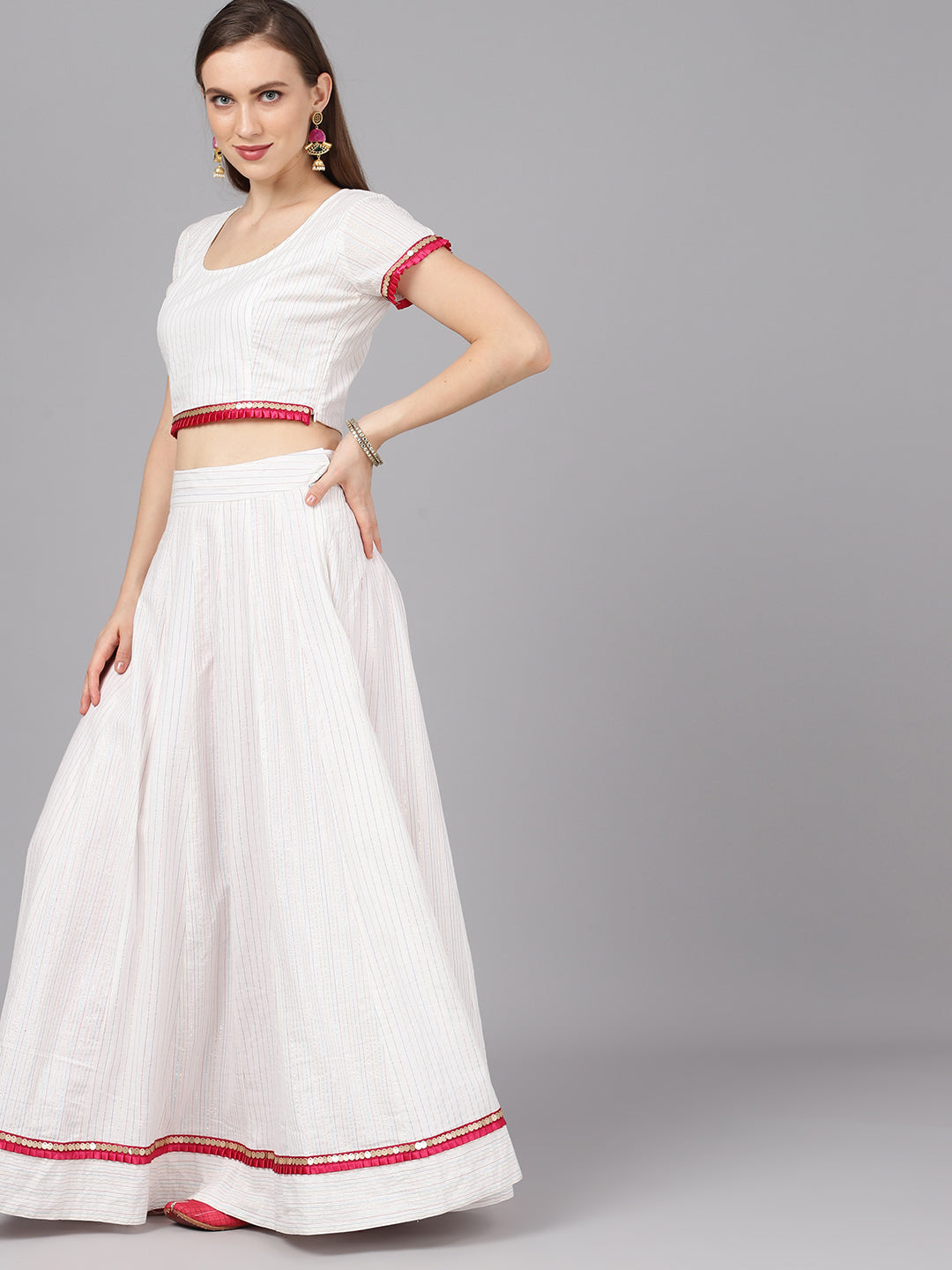 White Striped Lehenga Choli With Dupatta