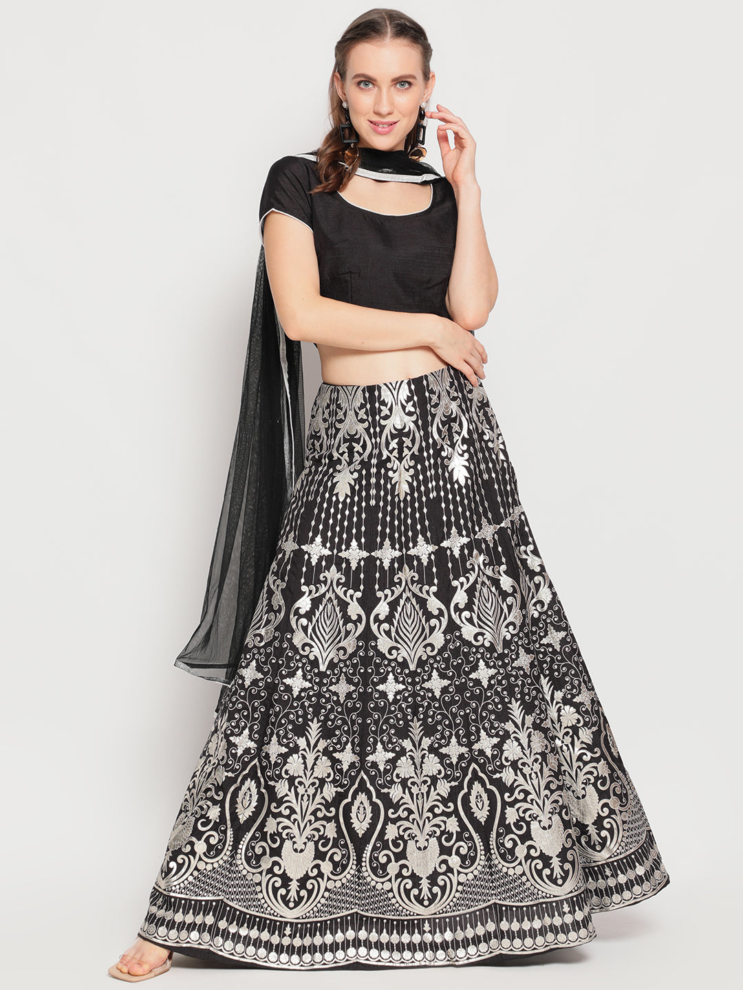 Black Foil Print Lehenga Choli With Dupatta