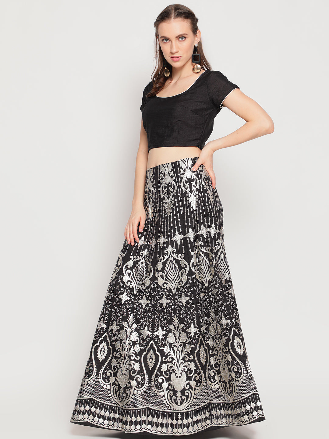 Black Foil Print Lehenga Choli With Dupatta