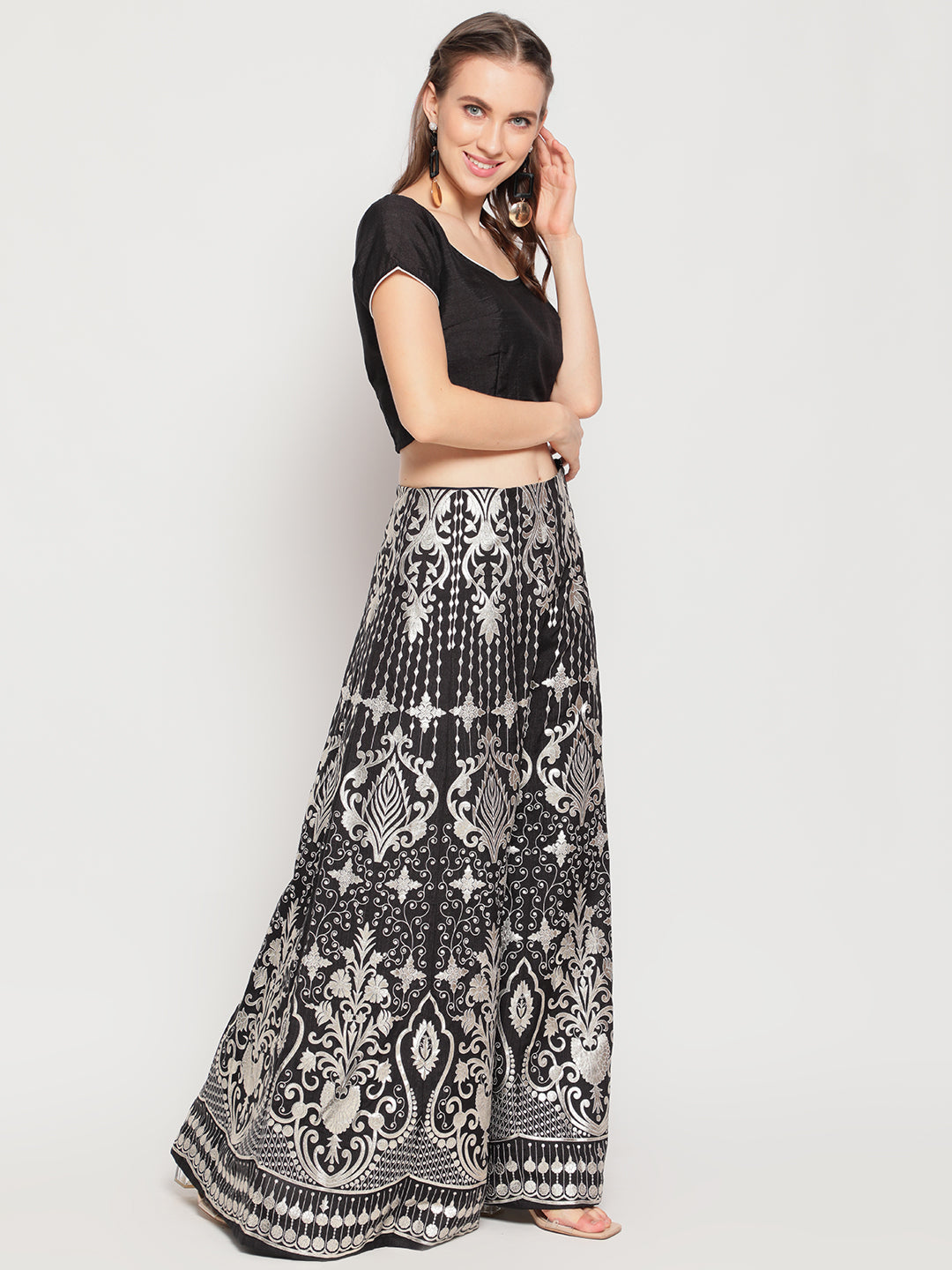 Black Foil Print Lehenga Choli With Dupatta