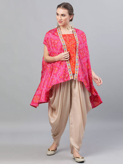 Pink Bandhani Print Top Pant With Jacket