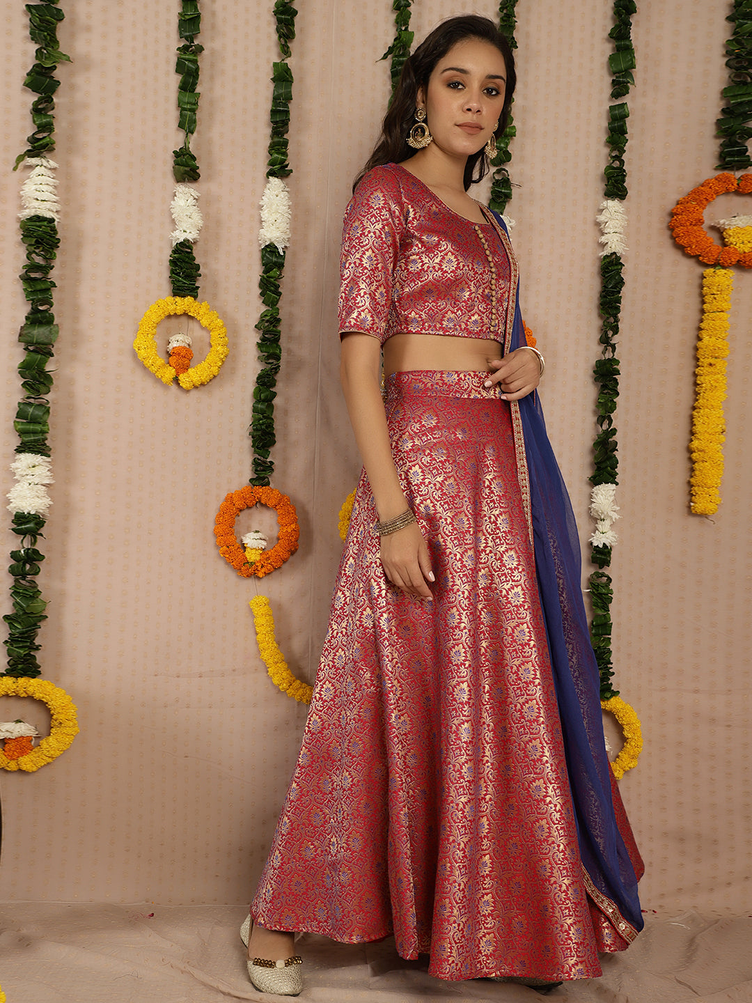 Red Brocade Lehenga Choli With Dupatta