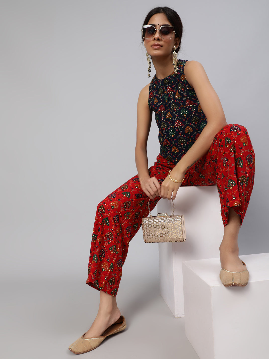 Navy Blue Gold Printed Top With Palazzo