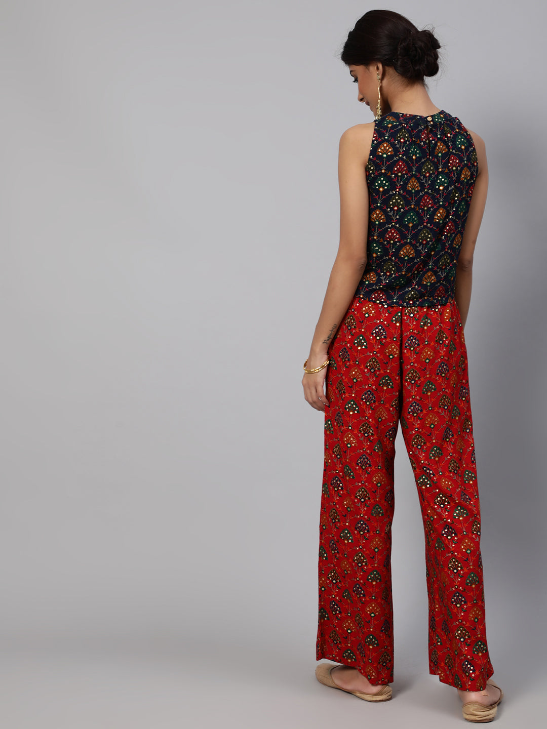 Navy Blue Gold Printed Top With Palazzo