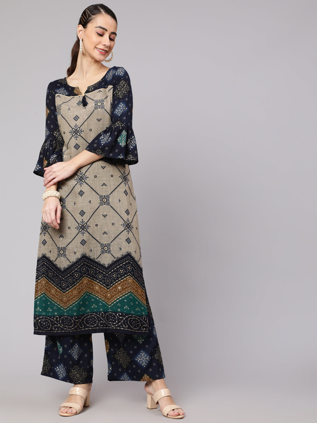 Navy Blue Printed Straight Kurta With Palazzo