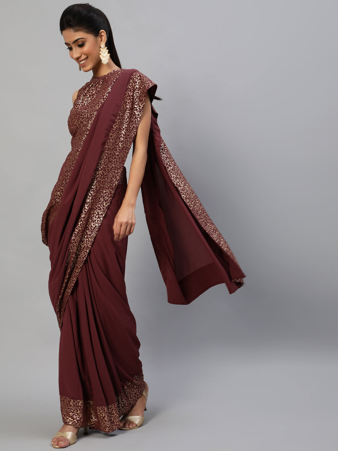 Burgundy Foil Printed Saree With Blouse
