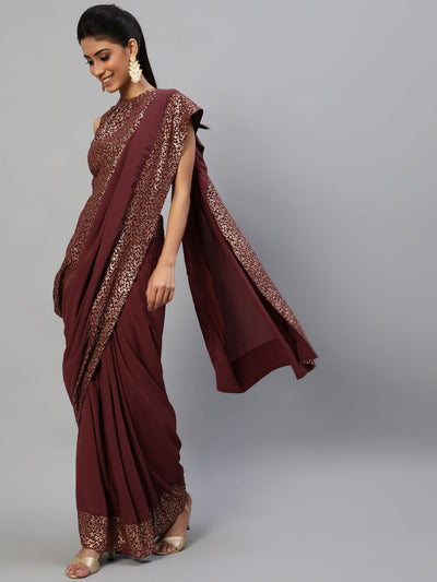 Burgundy Foil Printed Saree With Blouse