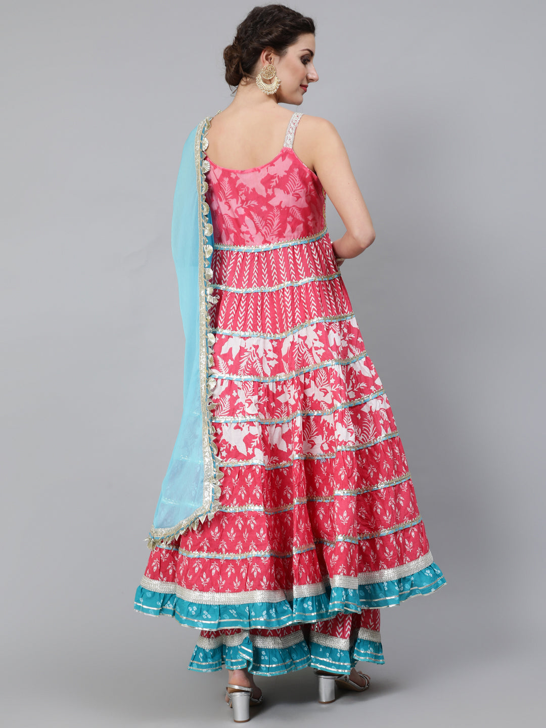 Pink Printed Anarkali Sharara With Dupatta