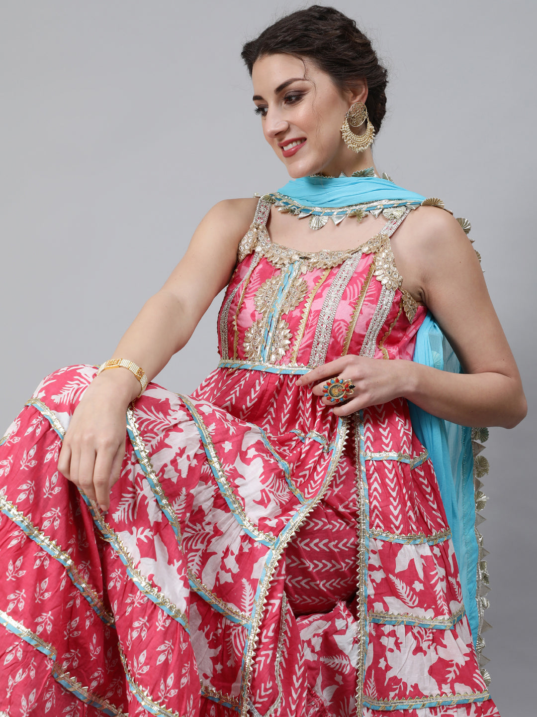 Pink Printed Anarkali Sharara With Dupatta