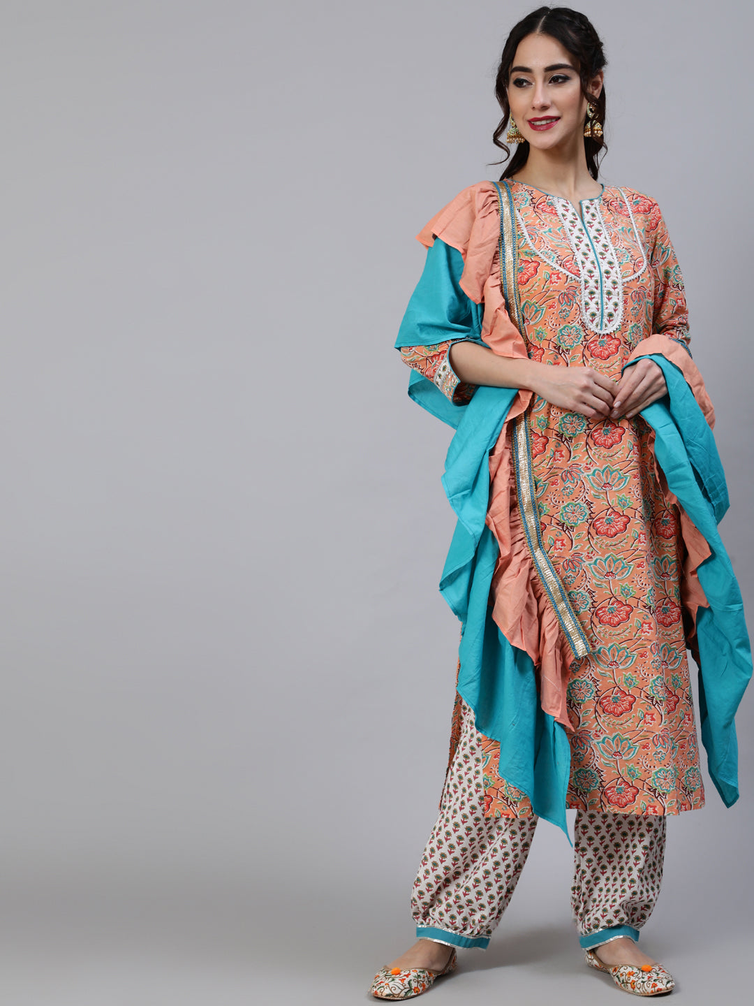 Peach Floral Print Kurta Palazzo With Dupatta