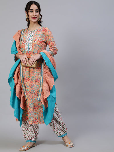 Peach Floral Print Kurta Palazzo With Dupatta