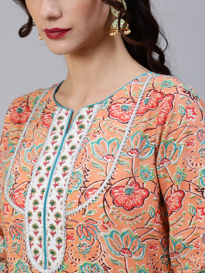 Peach Floral Print Kurta Palazzo With Dupatta