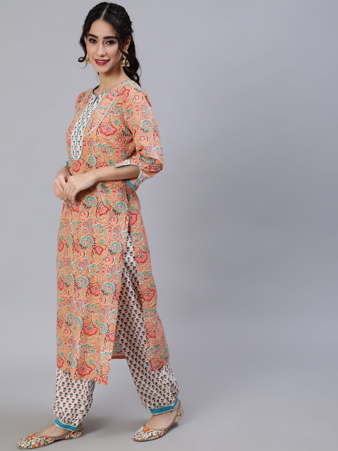 Peach Floral Print Kurta Palazzo With Dupatta