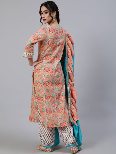 Peach Floral Print Kurta Palazzo With Dupatta