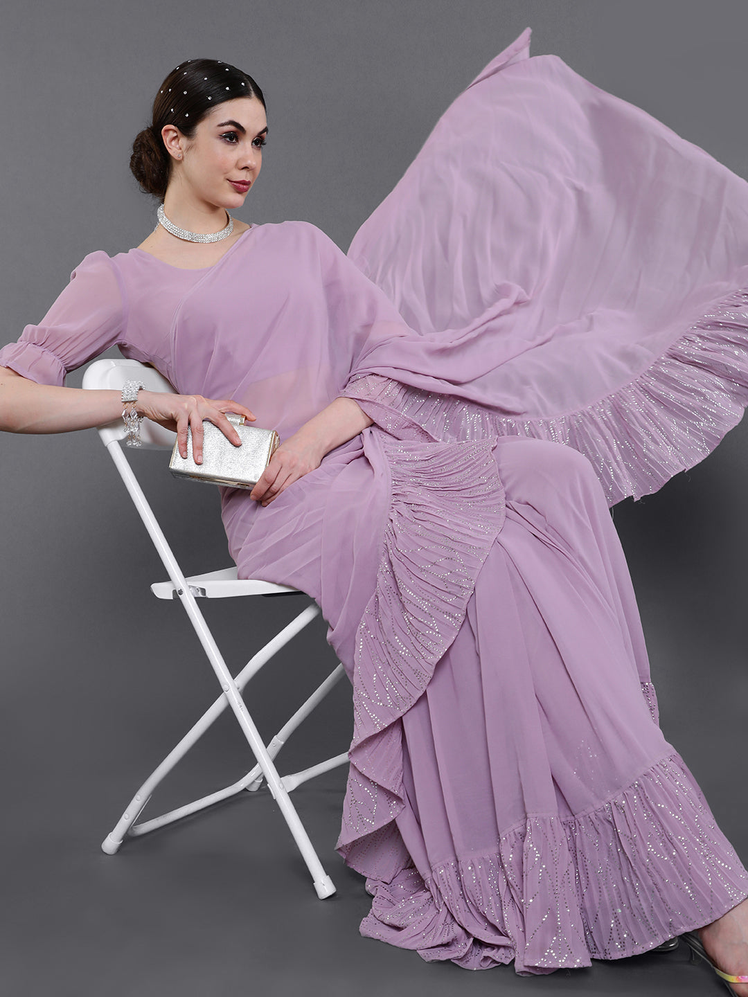 Lavender Embellished Pre-Stitched Saree With Ruffle Accent