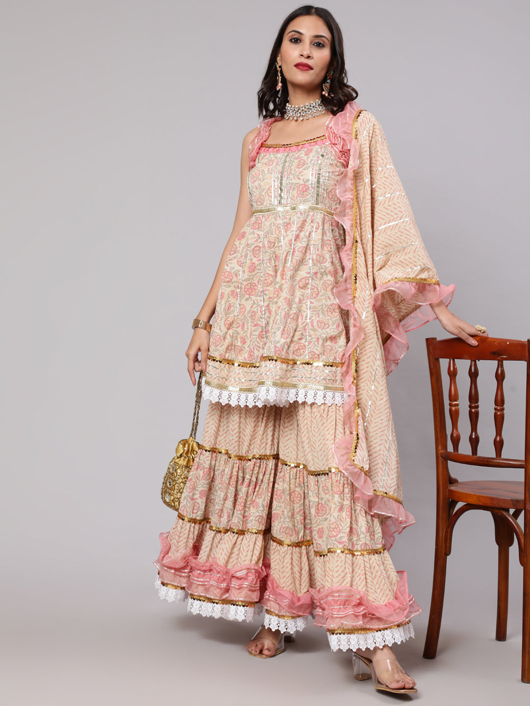 Cream & Peach Floral Print Kurta Sharara With Dupatta