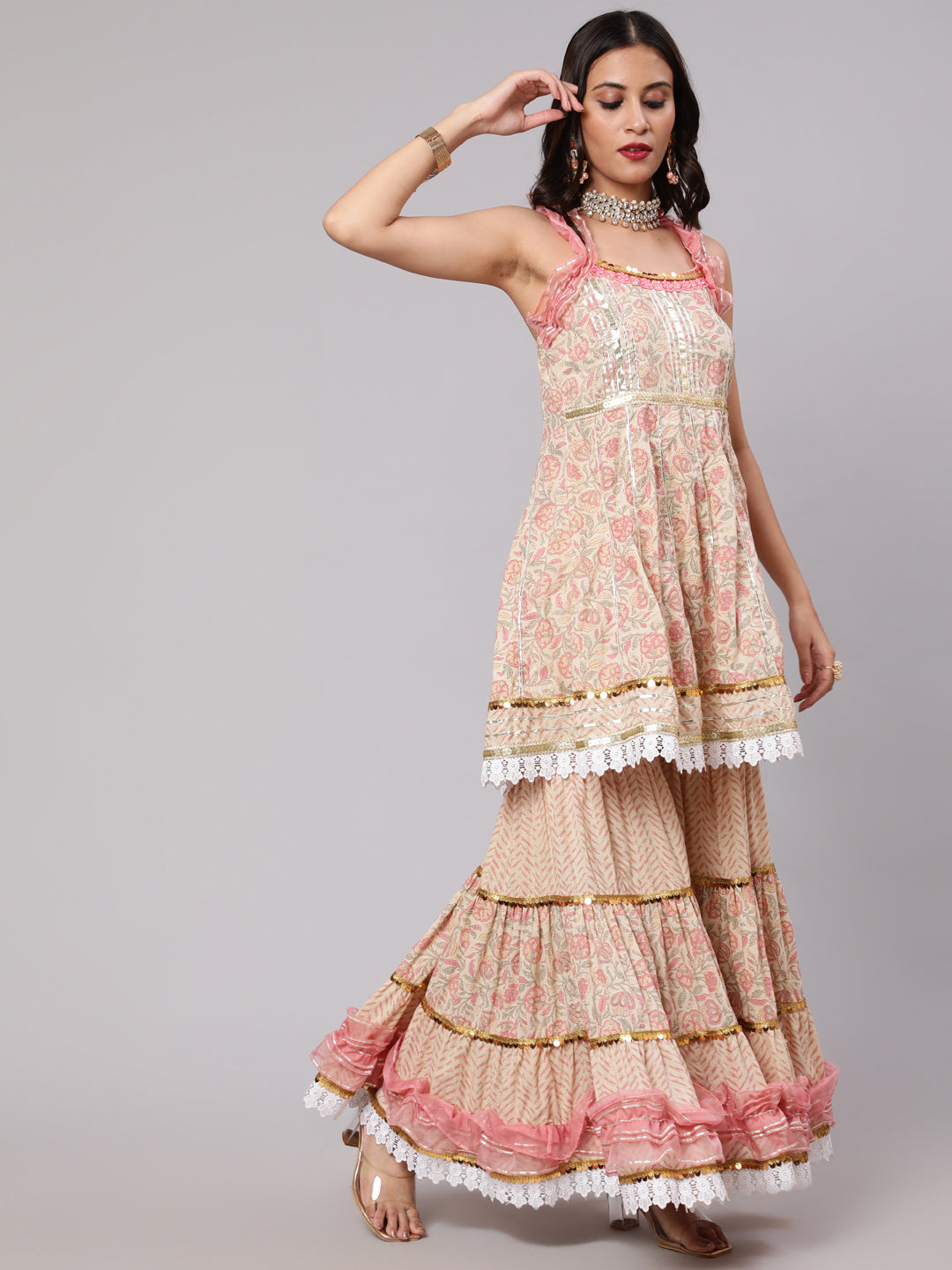 Cream & Peach Floral Print Kurta Sharara With Dupatta