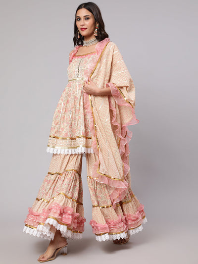 Cream & Peach Floral Print Kurta Sharara With Dupatta