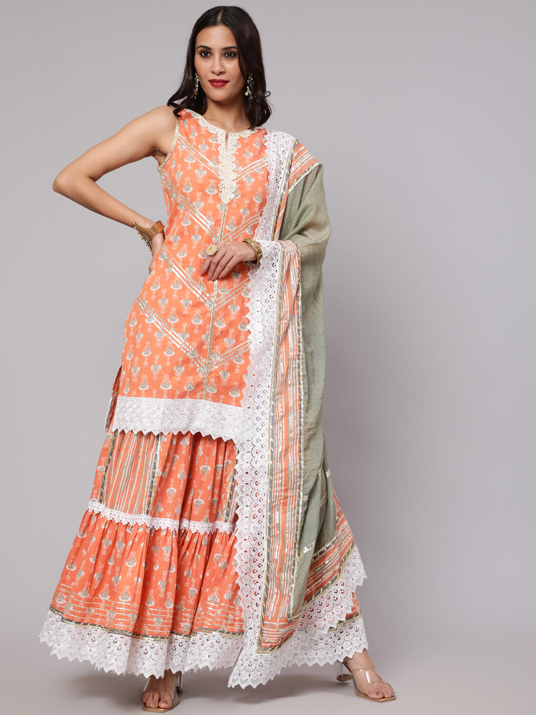 Peach Printed Kurta Sharara With Dupatta