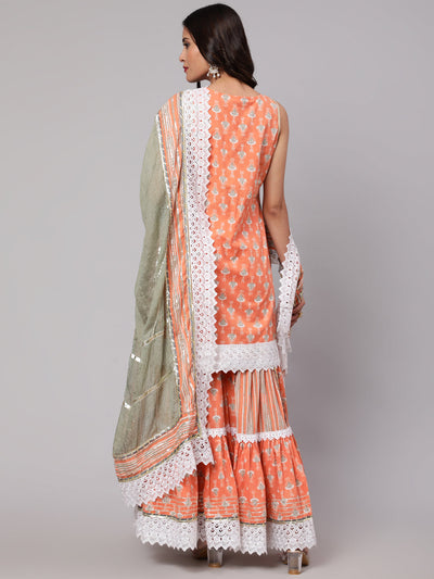 Peach Printed Kurta Sharara With Dupatta