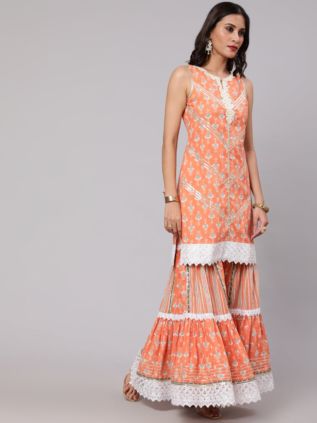 Peach Printed Kurta Sharara With Dupatta