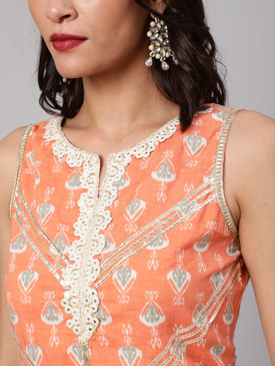 Peach Printed Kurta Sharara With Dupatta