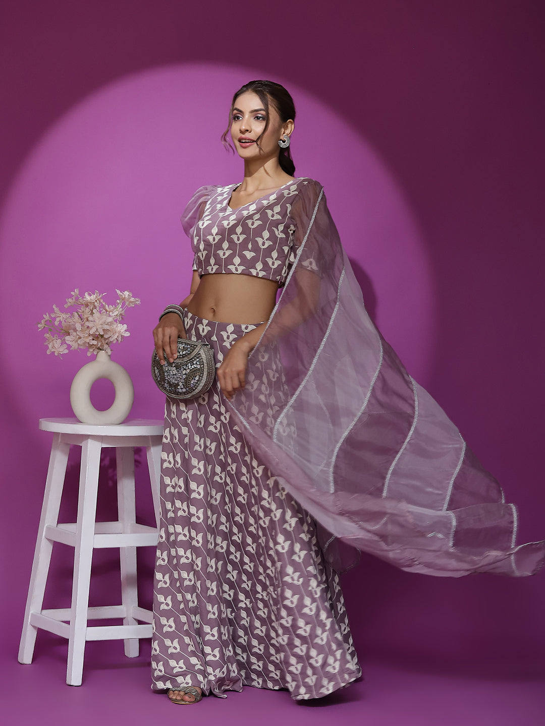 Mauve Embroidered Lehenga Choli With Dupatta