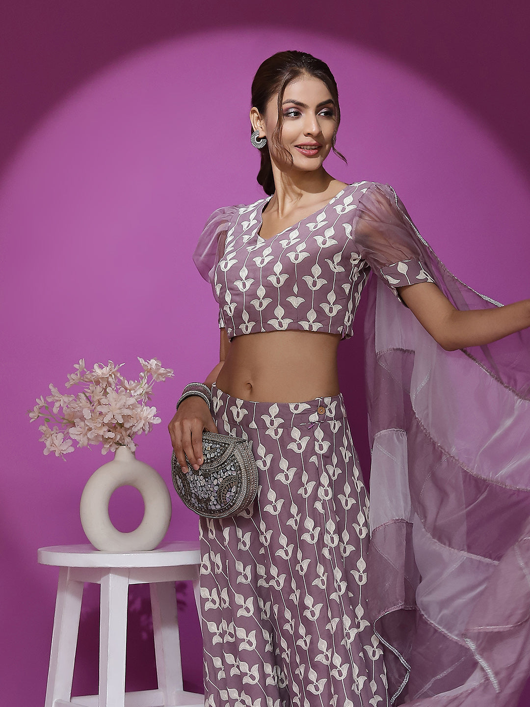 Mauve Embroidered Lehenga Choli With Dupatta