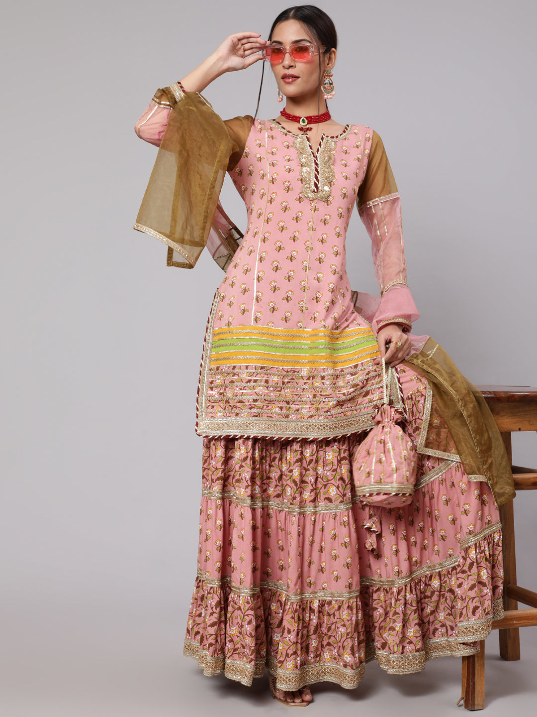 Pink Floral Print Kurta Sharara With Dupatta & Potali Bag