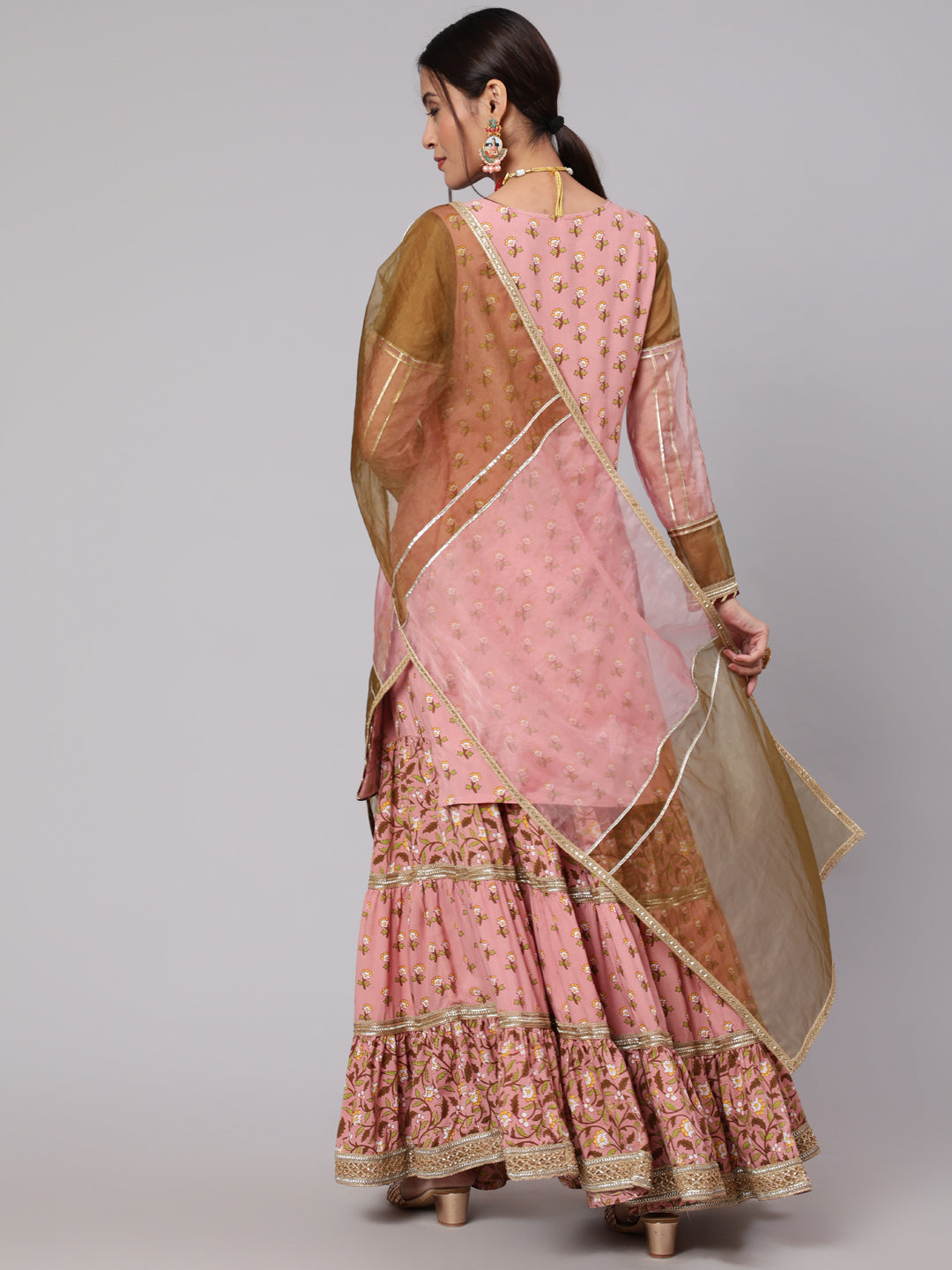 Pink Floral Print Kurta Sharara With Dupatta & Potali Bag