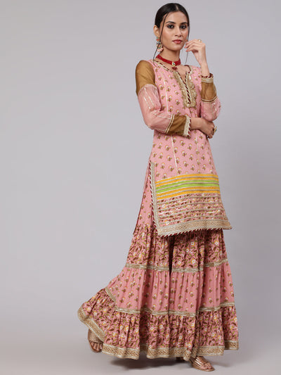 Pink Floral Print Kurta Sharara With Dupatta & Potali Bag