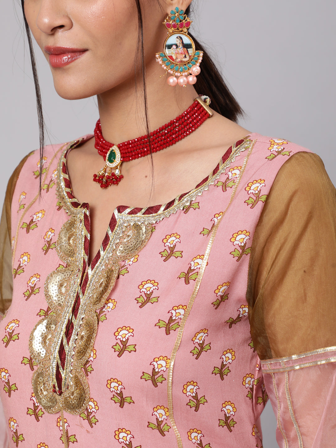 Pink Floral Print Kurta Sharara With Dupatta & Potali Bag