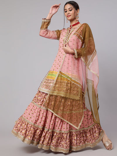 Pink Floral Print Kurta Sharara With Dupatta & Potali Bag