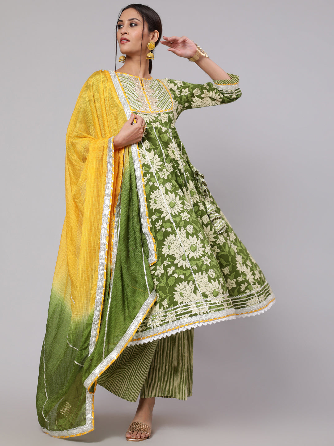 Green Floral Print Anarkali Palazzo With Dupatta