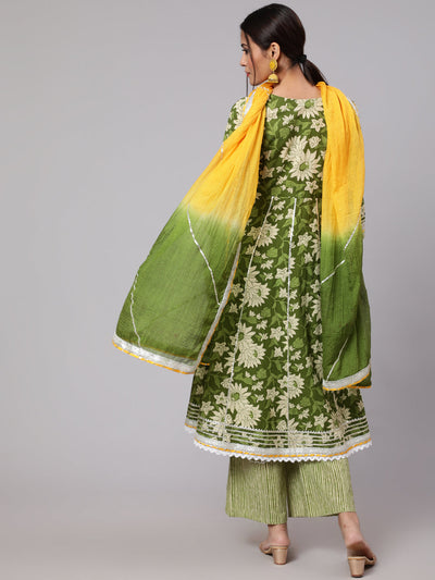 Green Floral Print Anarkali Palazzo With Dupatta