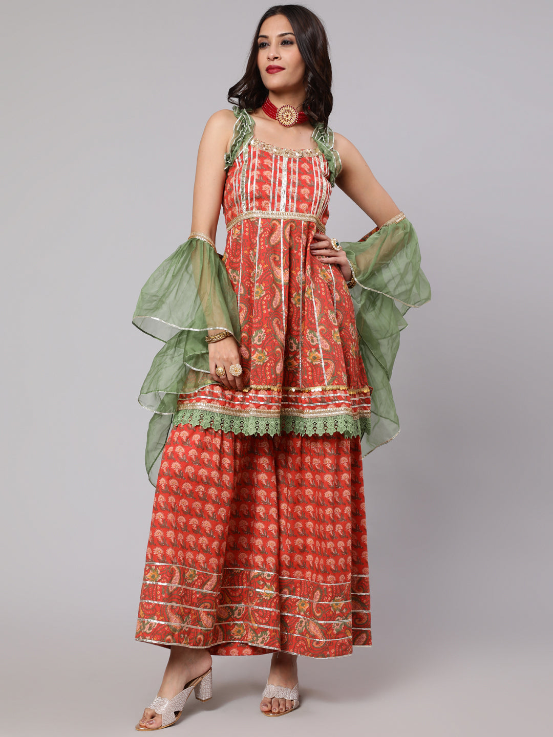 Red Floral Print Kurta Sharara With Dupatta