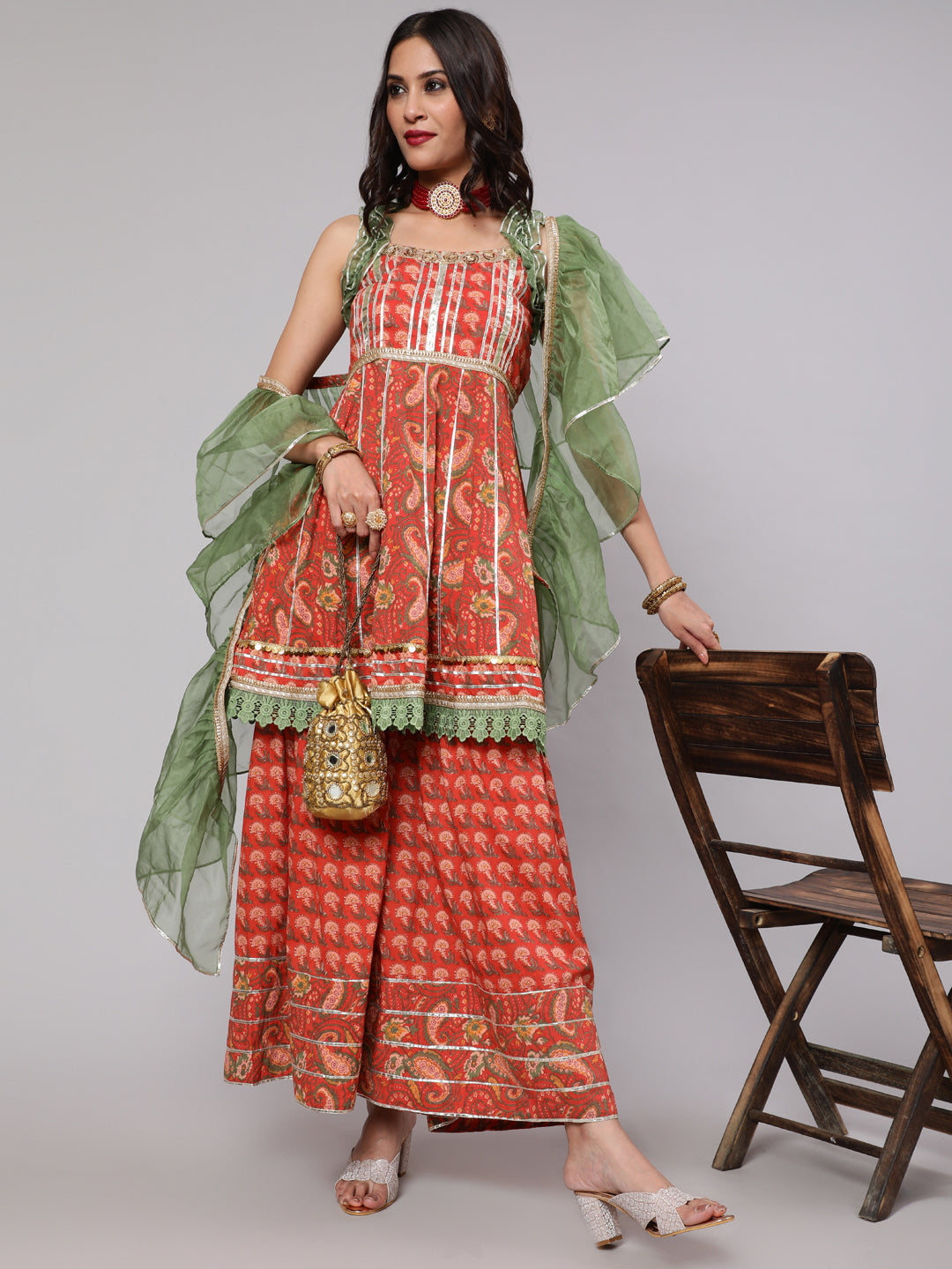 Red Floral Print Kurta Sharara With Dupatta