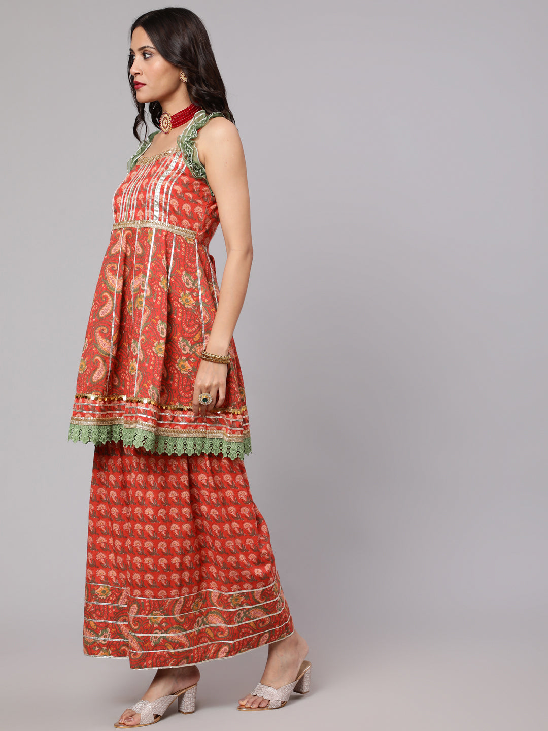 Red Floral Print Kurta Sharara With Dupatta