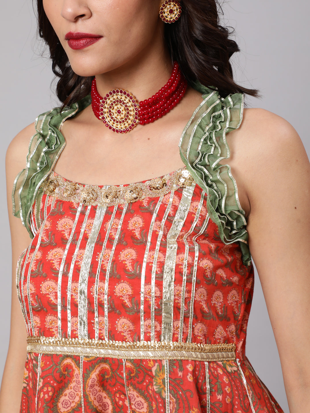 Red Floral Print Kurta Sharara With Dupatta